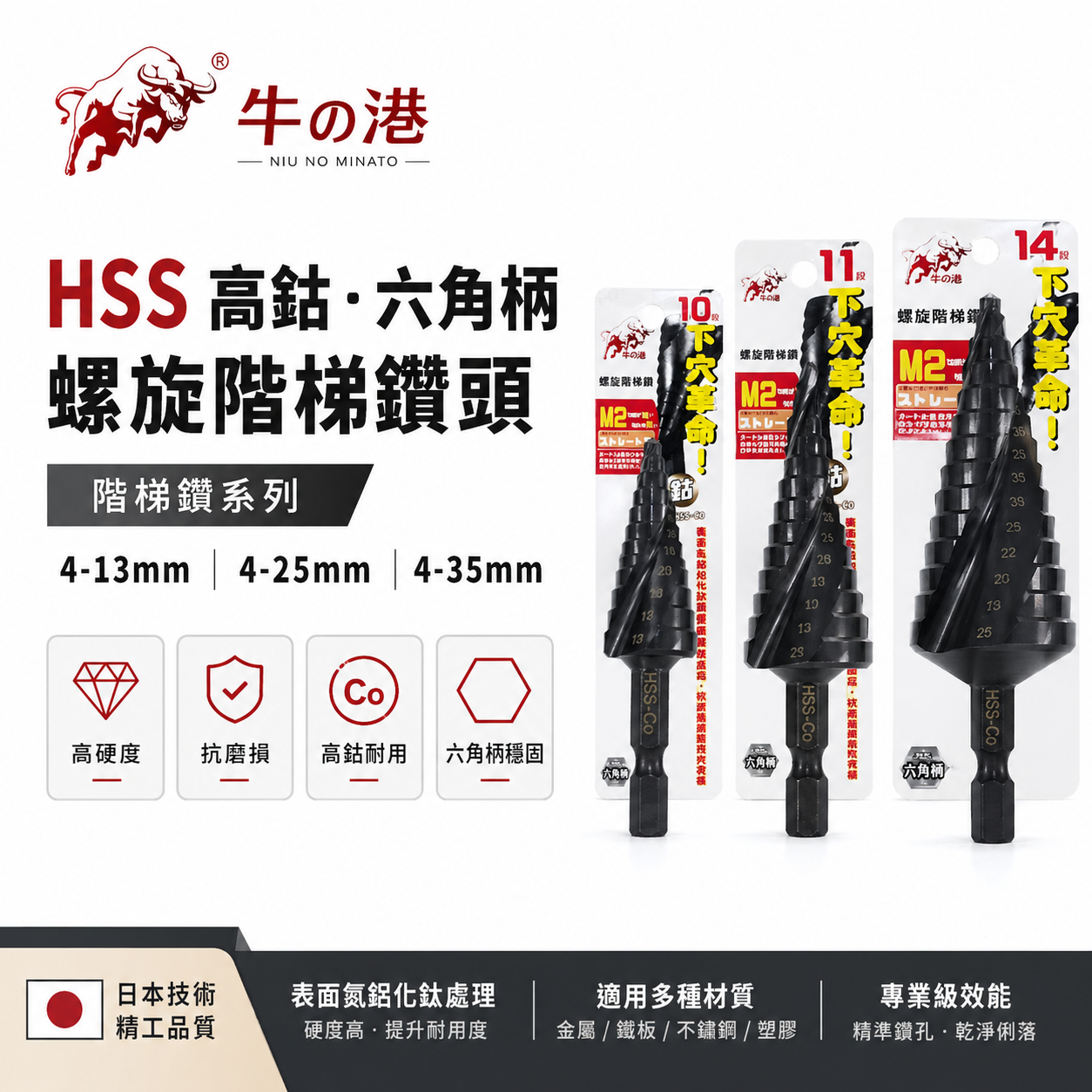 牛の港 鬥牛 M2 ｜HSS-CO M2 六角柄螺旋階梯鑽｜六角軸高鈷階梯鑽尾 六角螺旋階梯鑽頭 白鐵鑽｜零售3支組