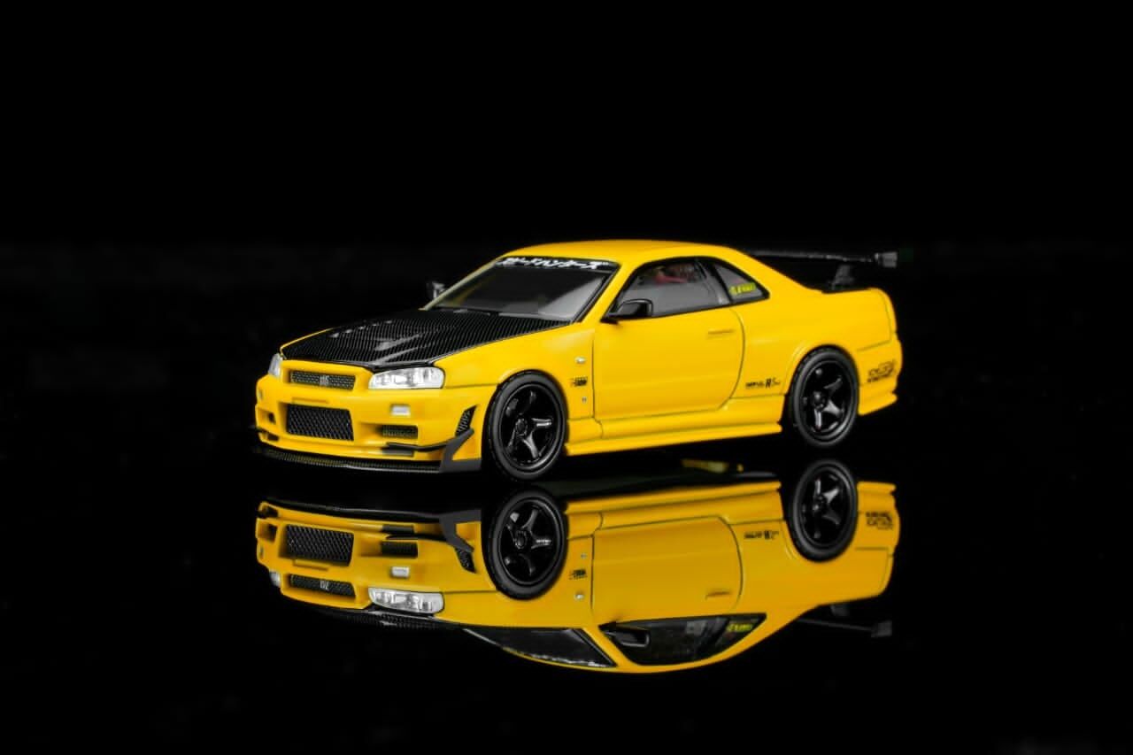 預訂:1/64 Motorhelix  Nissan Skyline GT-R R34 Customized Lightning Yellow with GT Aero Kit (M63475 )