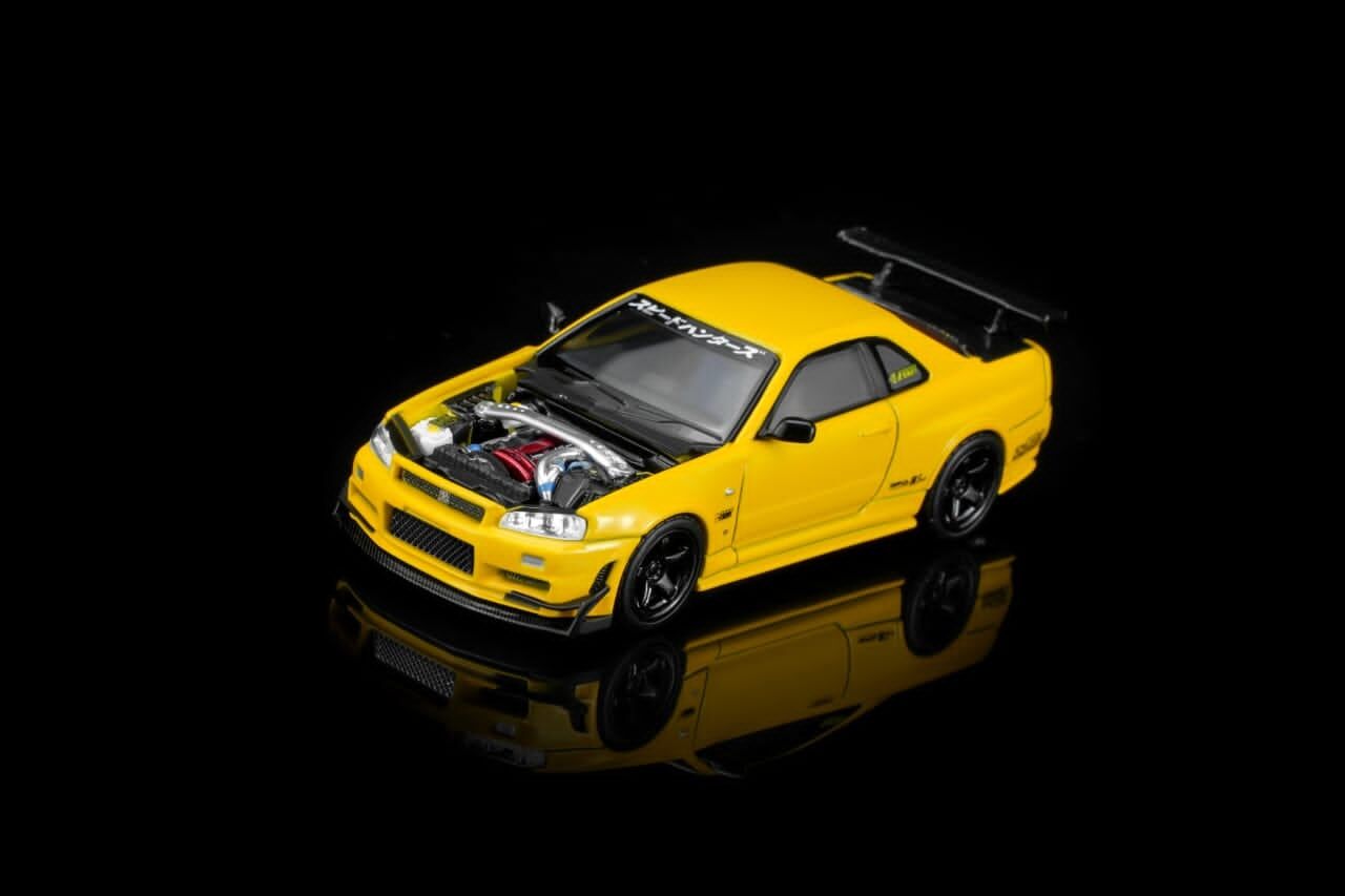 預訂:1/64 Motorhelix  Nissan Skyline GT-R R34 Customized Lightning Yellow with GT Aero Kit (M63475 )