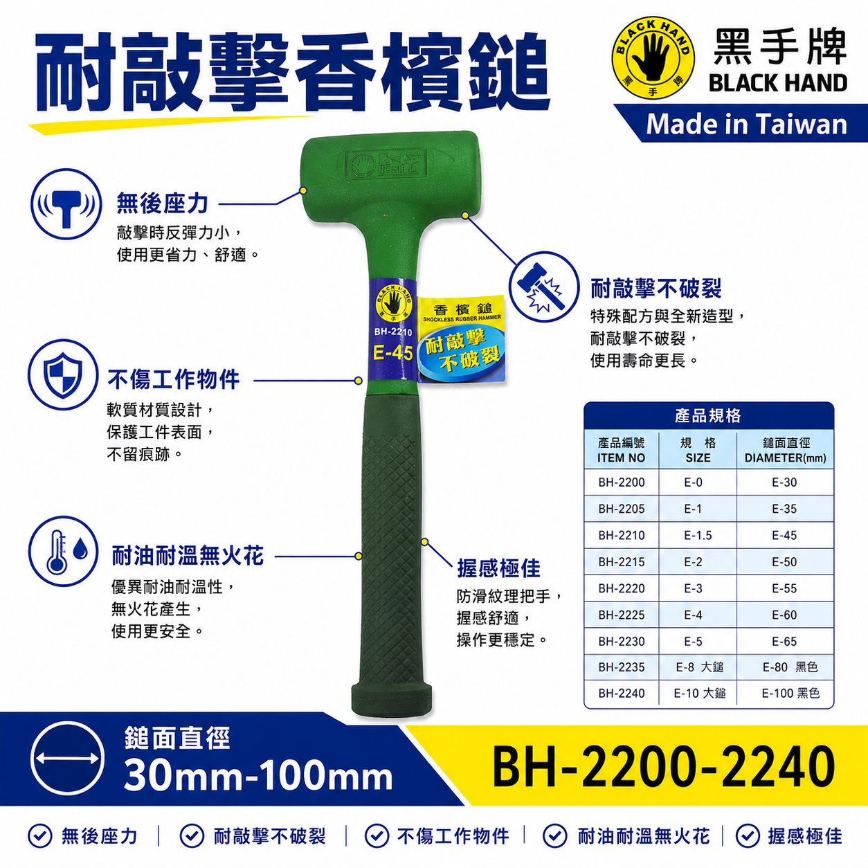 黑手牌｜綠色｜耐敲擊香檳鎚｜耐油耐溫香賓鎚 膠柄橡膠鎚 橡膠槌 膠柄塑膠槌 塑膠鎚 香檳槌 膠柄鐵鎚｜台灣製 BH-2200 - 2030