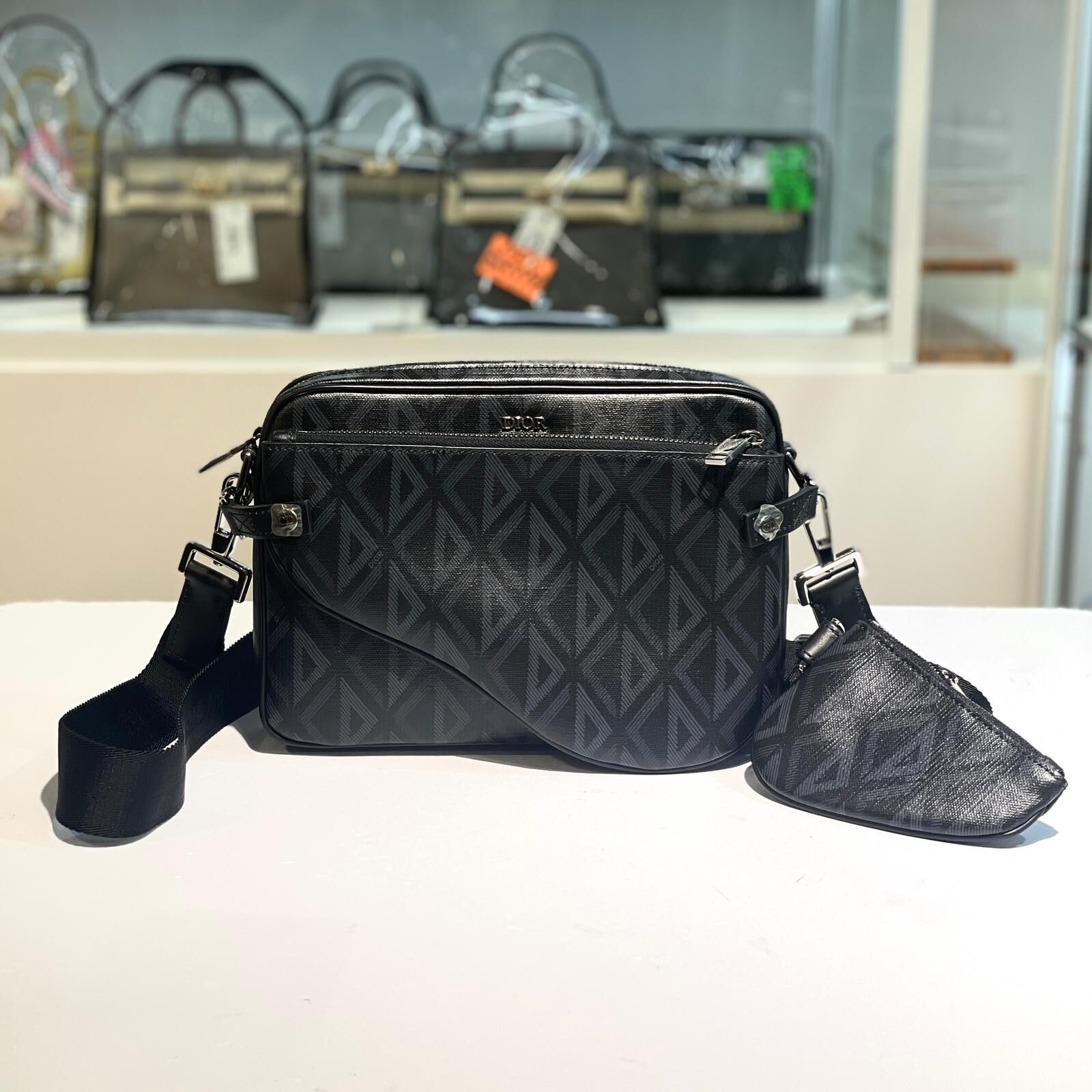 全新DIOR男士相機包 SADDLE TRIPLE POUCH 黑灰色牛皮拼帆布 1ADP0276CDP #BRAND NEW #香榭站正品