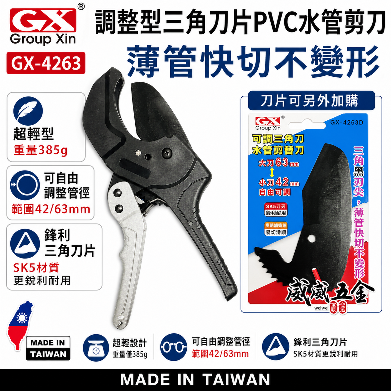 台灣製 GX｜42+63mm 輕量型三角刀 PVC水管剪刀 三角刀刃水管剪 三角刀片 切管刀｜GX-4263｜ GX-4263D刀片