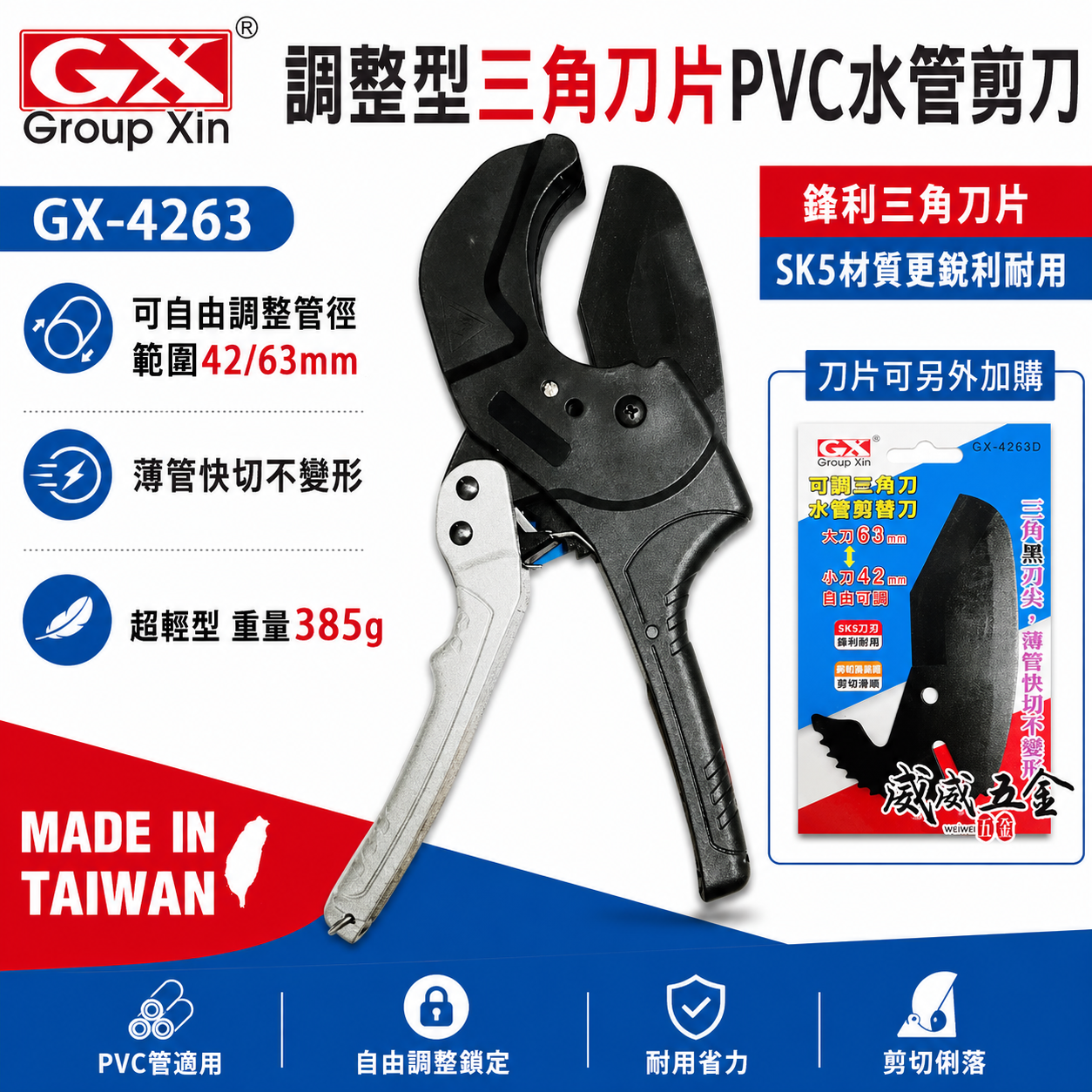 台灣製 GX｜42+63mm 輕量型三角刀 PVC水管剪刀 三角刀刃水管剪 三角刀片 切管刀｜GX-4263｜ GX-4263D刀片