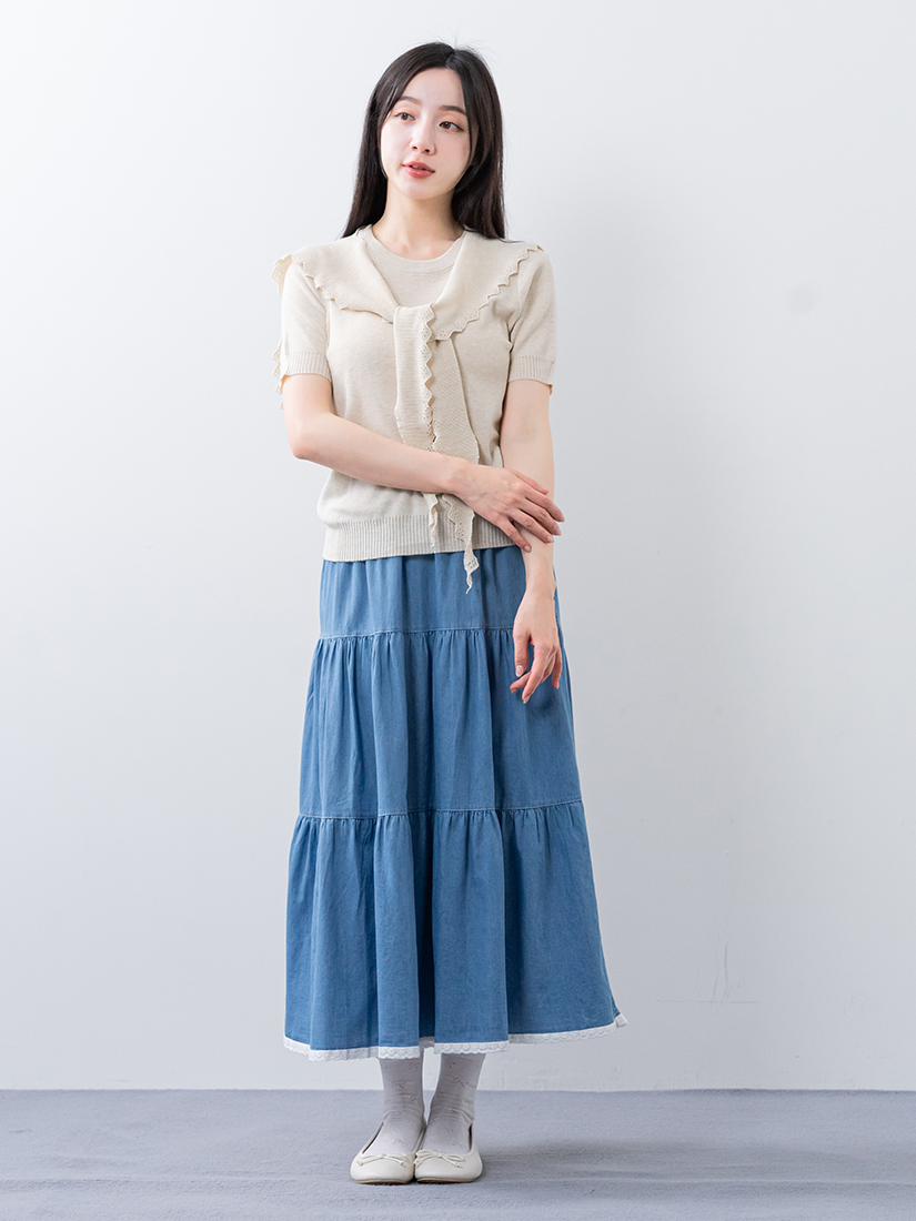 兩件式針織上衣蕾絲拼接牛仔蛋糕裙組合