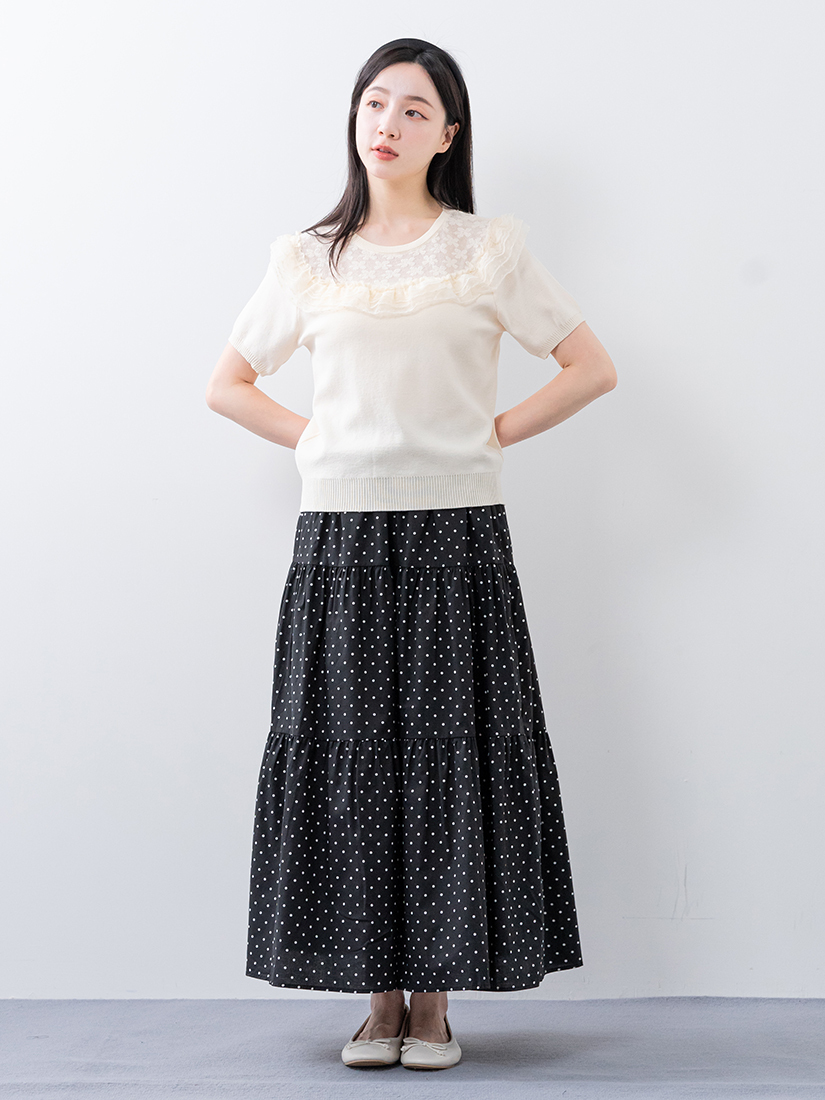 日系溫柔蕾絲點點網紗簍空緹花剪接短袖針織衫