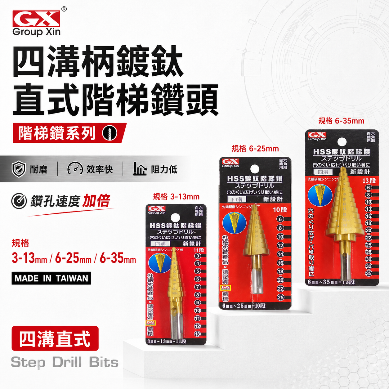 GX｜四溝柄直式階梯鑽頭｜HSS 鍍鈦 四溝直式｜鑽孔圓穴鑽 四溝柄直式 白鐵用階梯鑽 四溝階梯鑽尾｜台灣製
