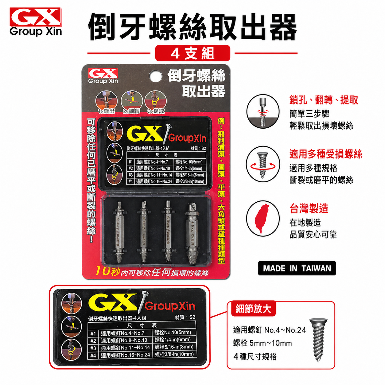 GX  螺絲滑牙 六角柄斷頭螺絲救星｜反牙退崩牙螺絲損壞拆卸器｜鑽孔鑽頭+退牙器4支｜倒牙螺絲取出器 4PCS