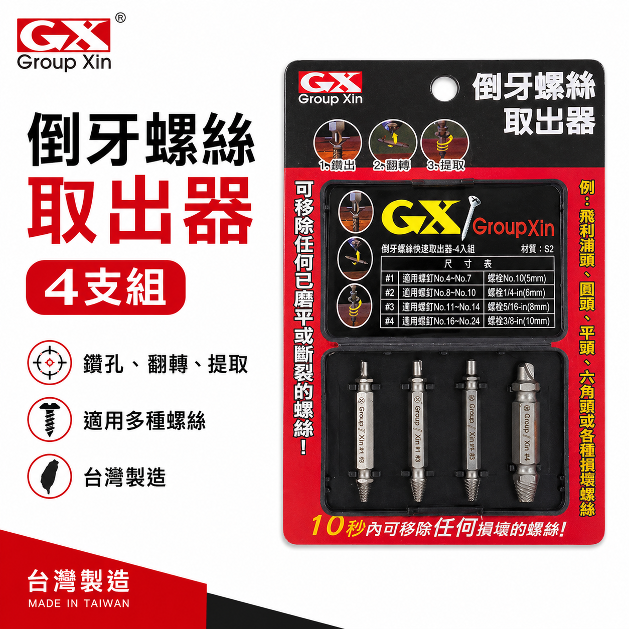 GX  螺絲滑牙 六角柄斷頭螺絲救星｜反牙退崩牙螺絲損壞拆卸器｜鑽孔鑽頭+退牙器4支｜倒牙螺絲取出器 4PCS