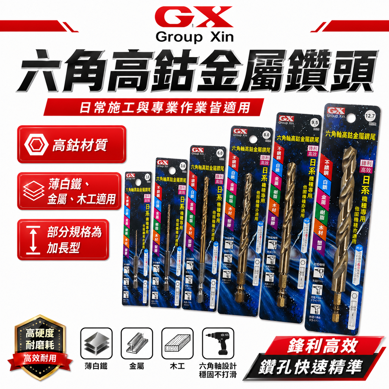 GX｜日系 1.5-12.7mm｜六角柄含鈷鑽頭 鋒利不鏽鋼塑膠木板鐵工用鑽孔器 六角軸高鈷白鐵鑽尾｜台灣製