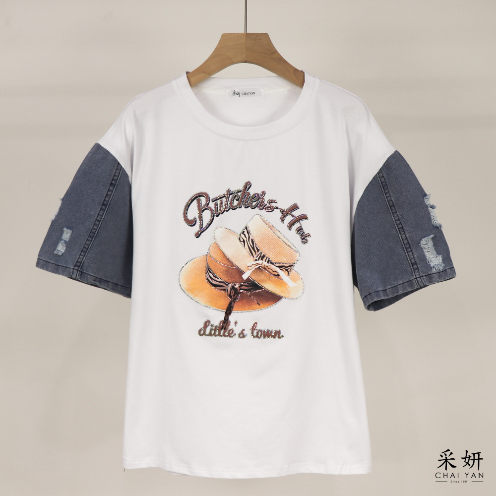 水鑽帽子拼接短袖上衣