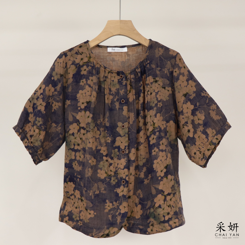 渲染花棉麻短袖襯衫