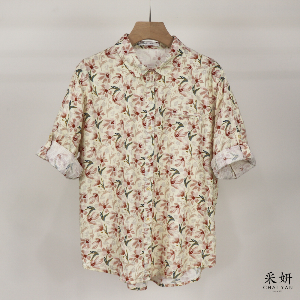 水彩花棉麻短袖襯衫