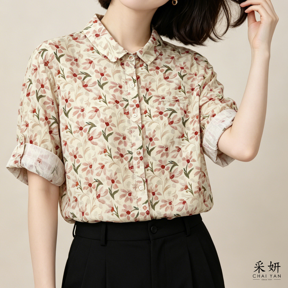 水彩花棉麻短袖襯衫