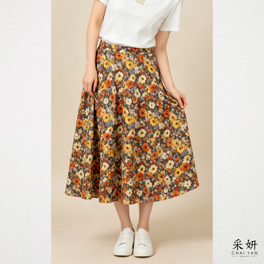 油畫花朵中長裙