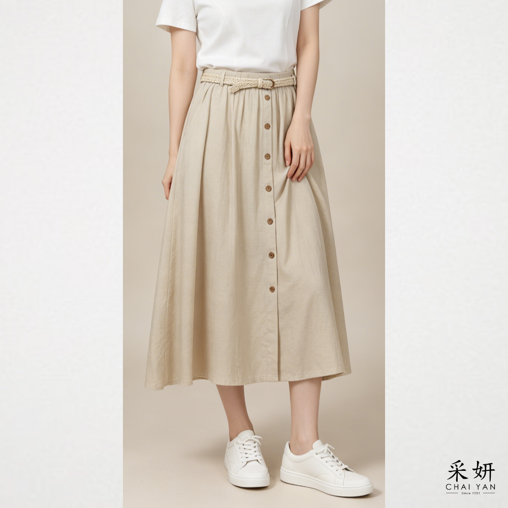 假排釦棉麻中長裙