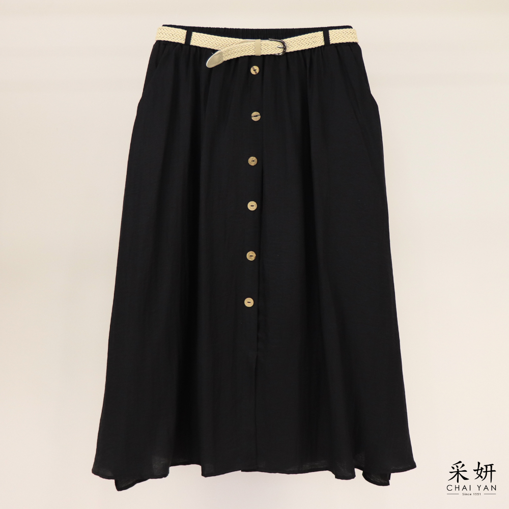 假排釦棉麻中長裙