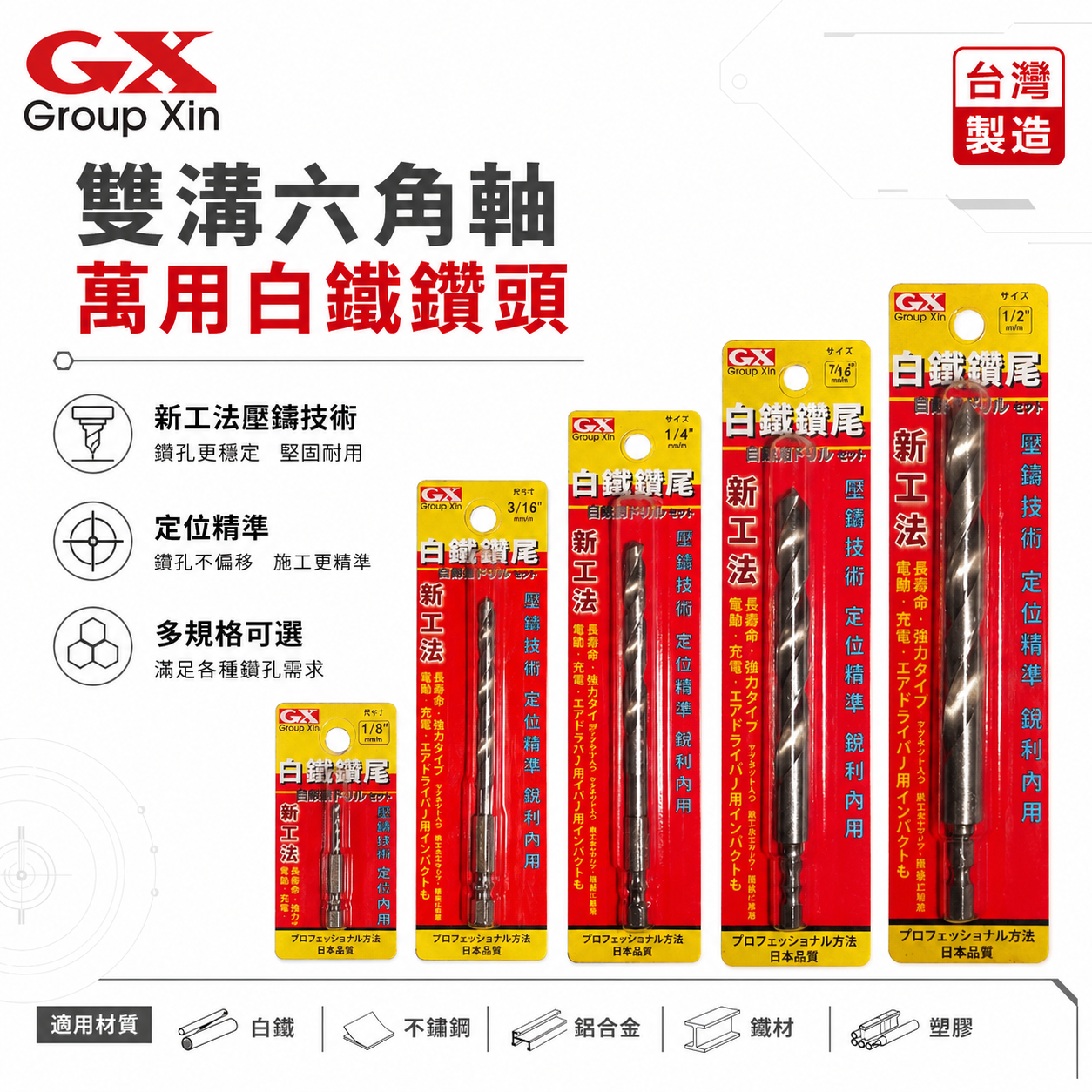 GX｜白鐵鑽 雙溝六角軸萬用白鐵鑽頭 鑽孔金屬用鑽尾 六角柄薄金屬鑽頭｜木工定位精準｜新工法壓鑄技術｜經濟型