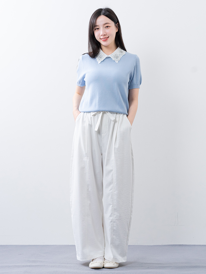 日系優雅珍珠蕾絲領片針織上衣