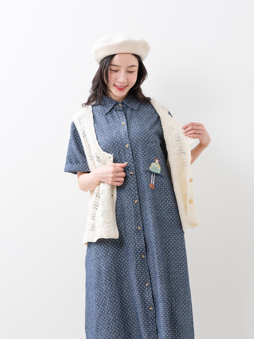 點點印花小女孩繡花長版牛仔襯衫洋裝