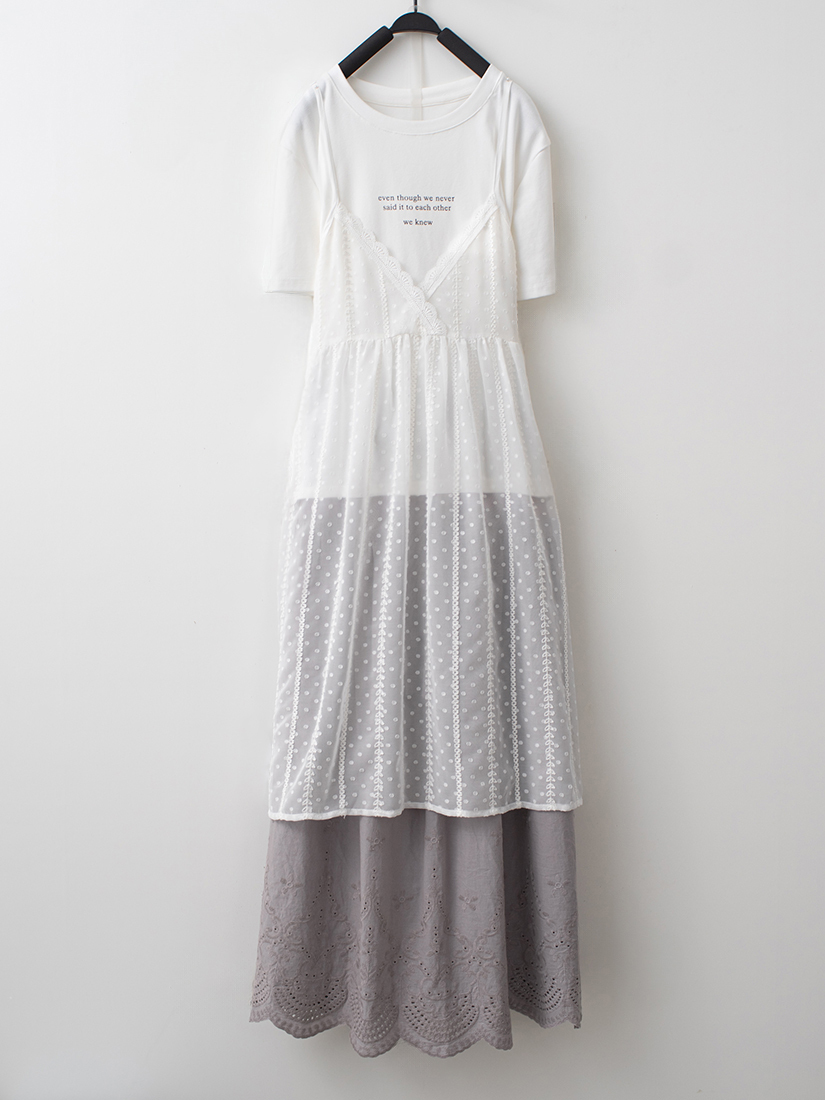 緹花蕾絲背心涼感棉短袖上衣鏤空繡花純棉長裙組合
