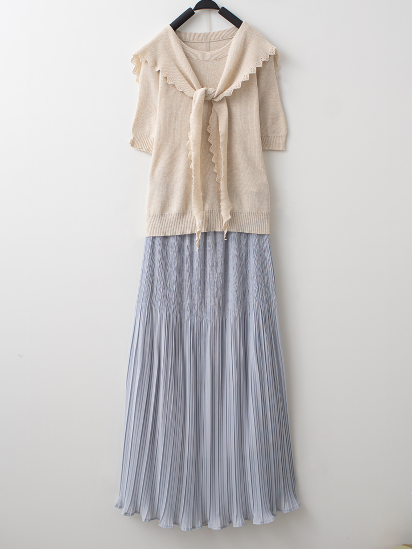兩件式針織上衣層次壓褶雪紡長裙組合