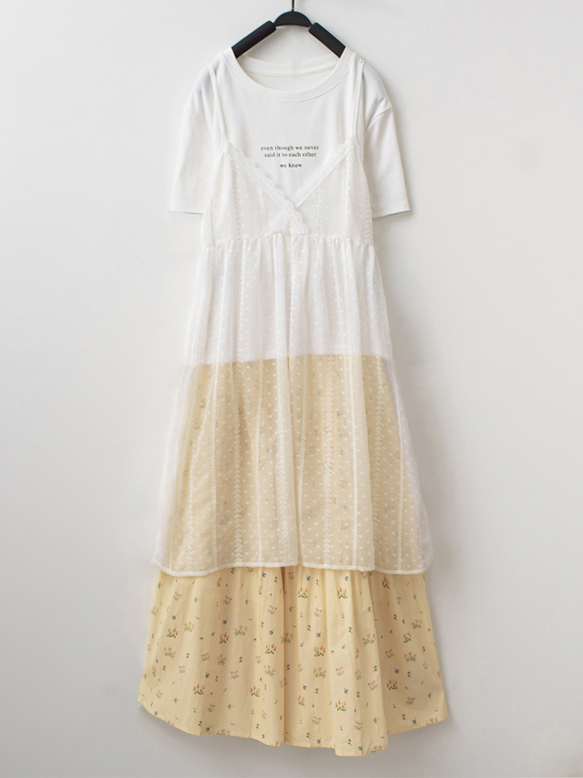 點點緹花背心涼感棉上衣碎花層次蛋糕裙組合