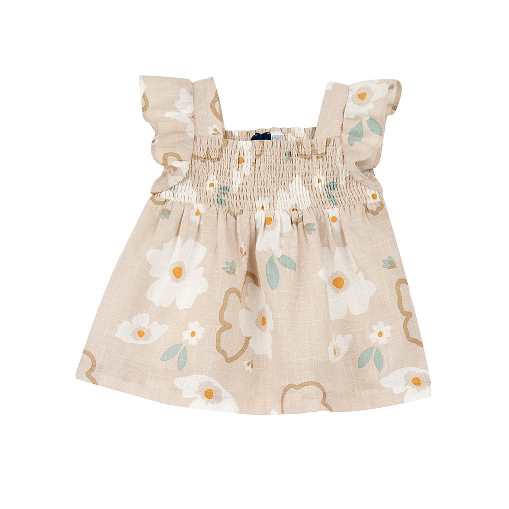 浪漫花都-剪接荷葉袖車縐娃娃裝上衣