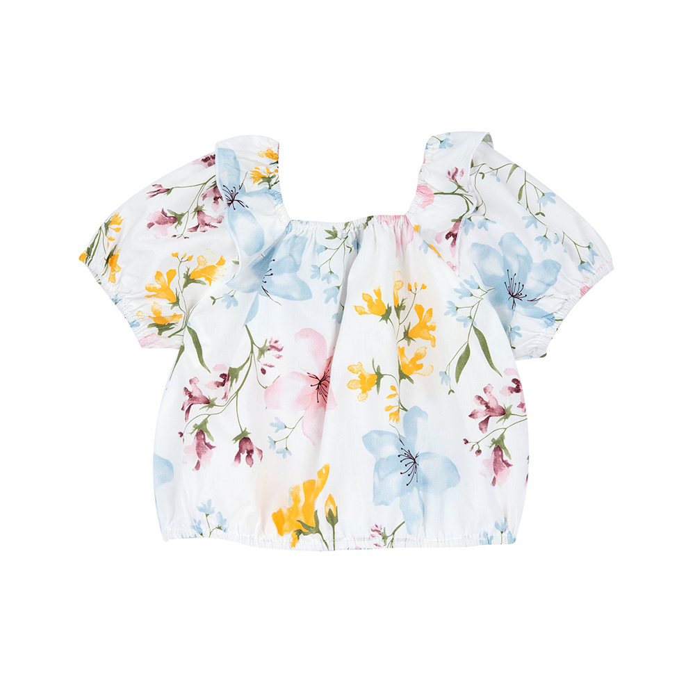 浪漫花都-滿版花朵泡泡袖抽褶短版上衣