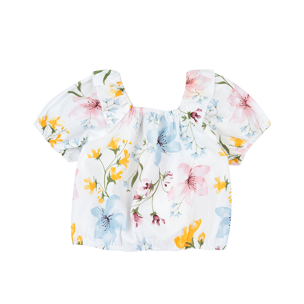 浪漫花都-滿版花朵泡泡袖抽褶短版上衣