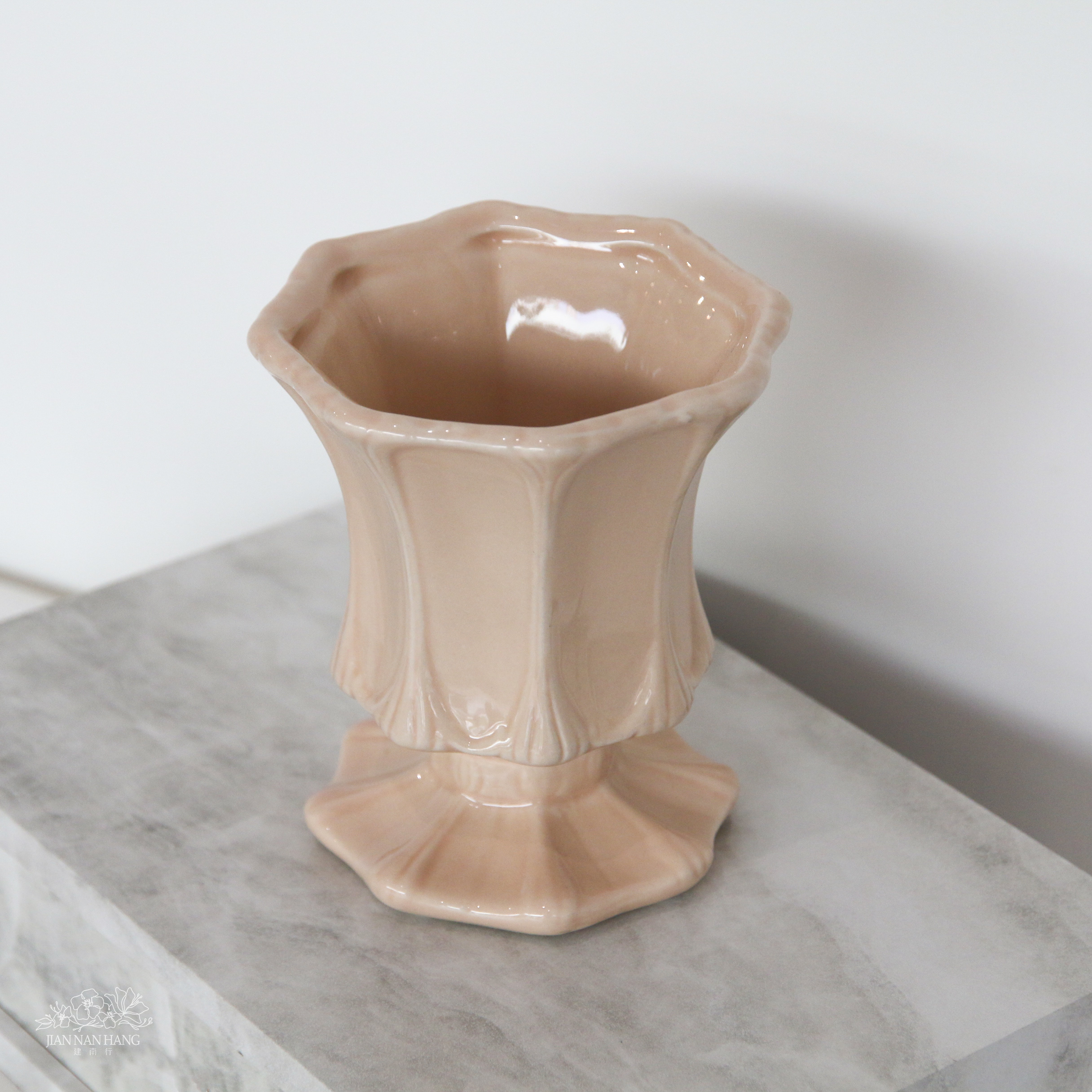 陶瓷花器 多邊造型陶瓷杯 小 粉橘