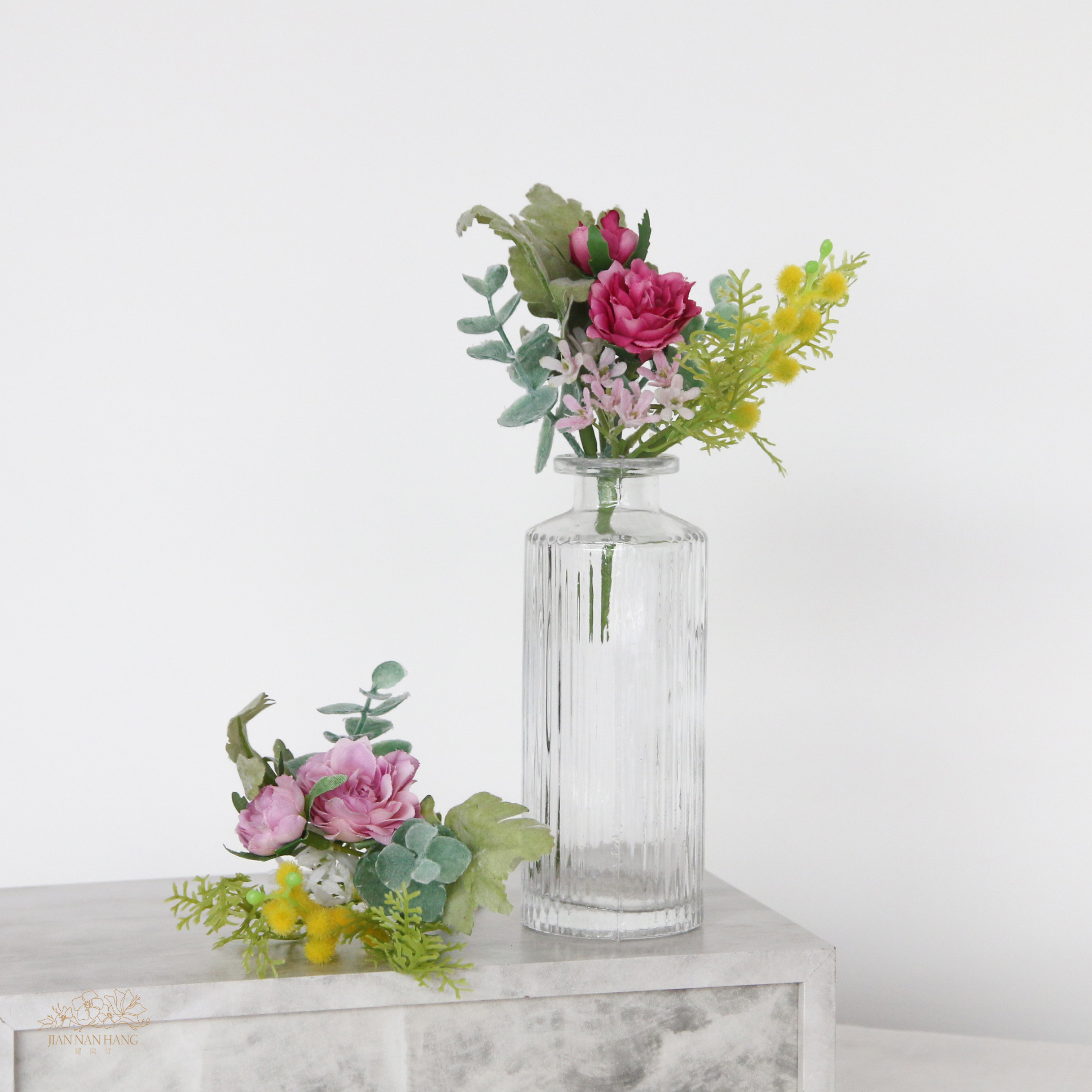 人造花 含羞草玫瑰混合灌木 3色