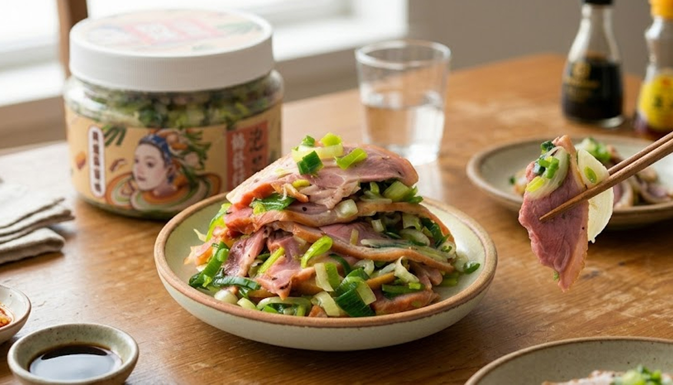 協發行開燻蒜苗鴨特寫，呈現肉質與鮮脆蒜苗的美味。