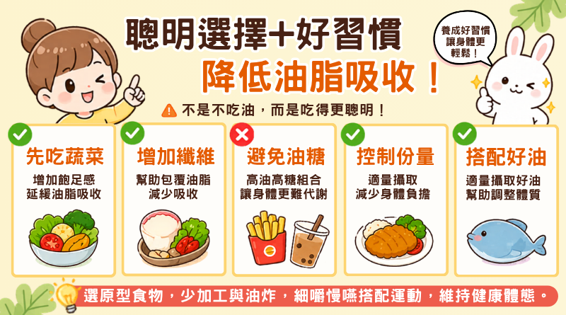 提倡透過先吃菜、增纖維、控份量、避油糖及選好油等五大飲食習慣來聰明降低油脂吸收。
