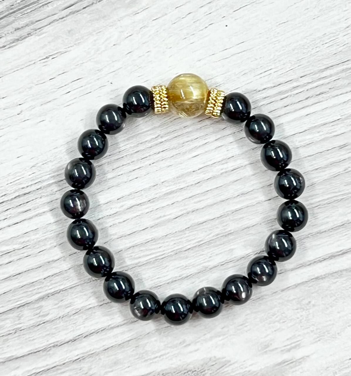 [S] GEMZ & CO ZBA HYPERSTHENE BRACELET WITH SPECIAL HIGH END GOLDEN RUTILATED BEAD, C78 (C78)