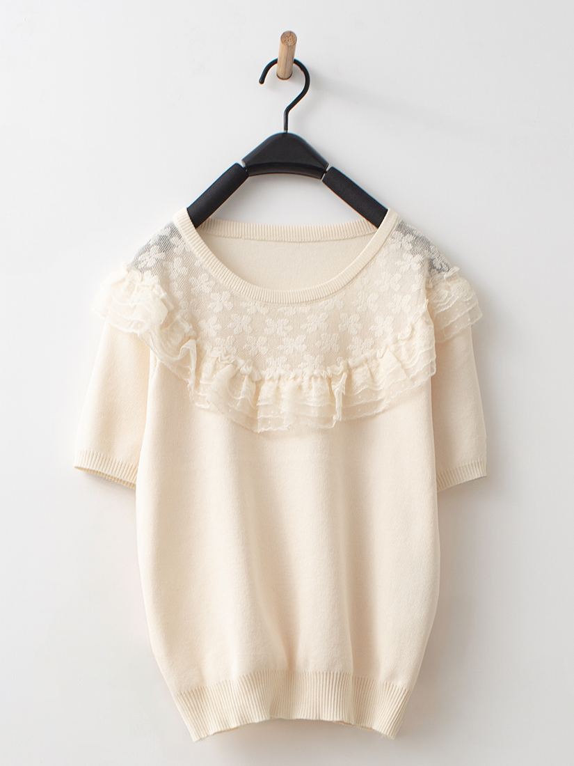 日系溫柔蕾絲點點網紗簍空緹花剪接短袖針織衫