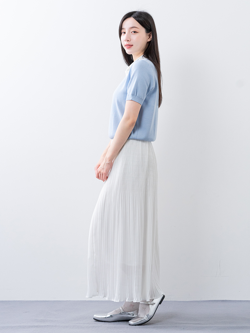 珍珠蕾絲領片針織上衣層次壓褶雪紡長裙組合