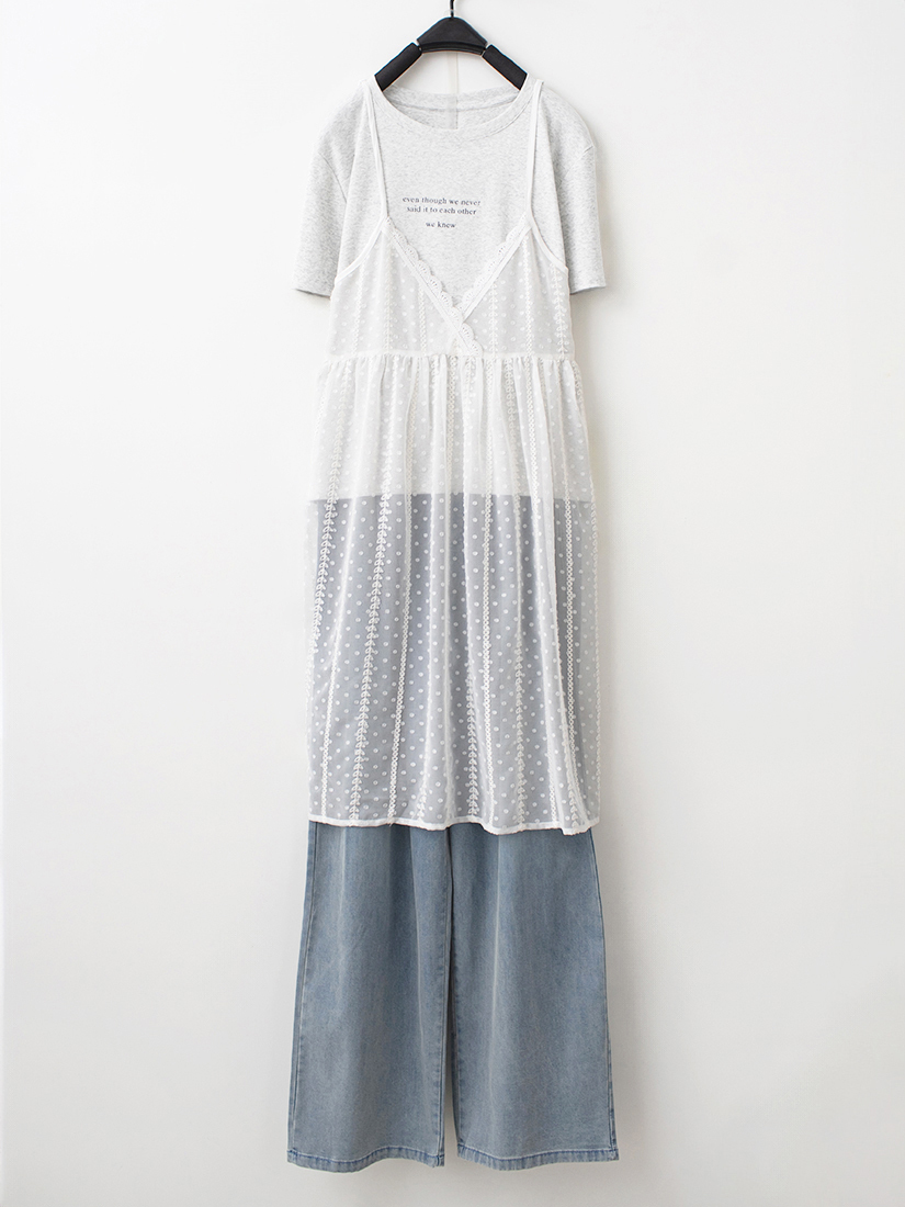 緹花蕾絲背涼感棉短袖上衣水洗天絲棉直筒寬褲組合