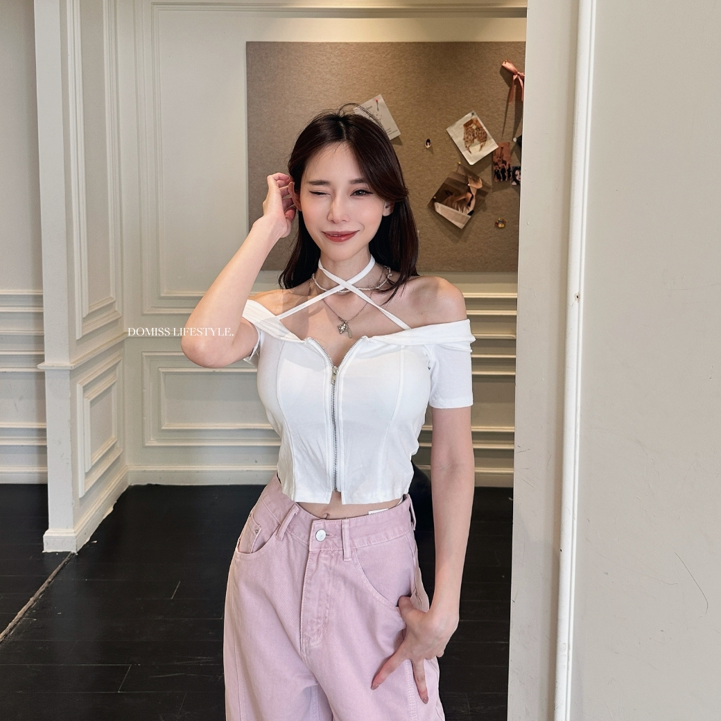 【鎖骨失守♡】DOMISS掛脖設計拉鍊短版上衣 帶胸墊 短袖上衣-2色(現+預)