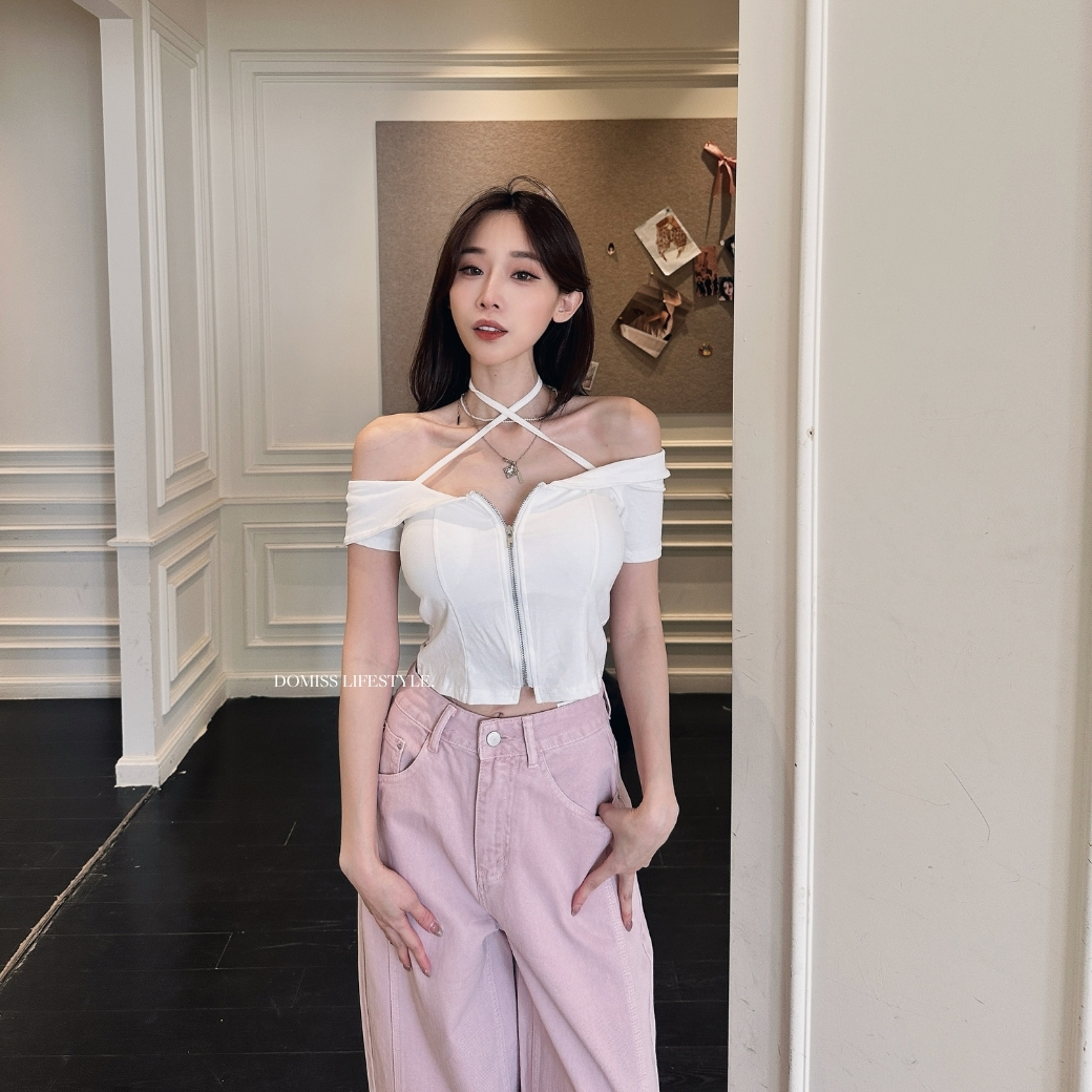 【鎖骨失守♡】DOMISS掛脖設計拉鍊短版上衣 帶胸墊 短袖上衣-2色(現+預)