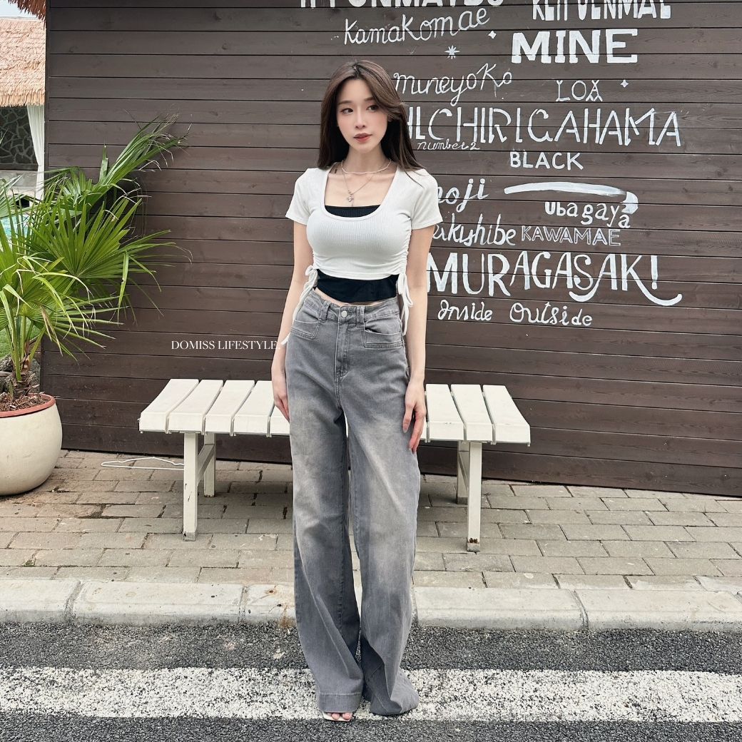 【美高校園感】DOMISS訂製！灰調高腰直筒牛仔長褲S-XL(現貨)