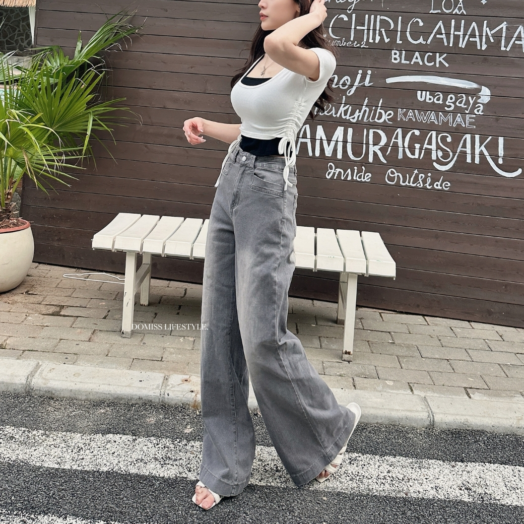 【美高校園感】DOMISS訂製！灰調高腰直筒牛仔長褲S-XL(現貨)