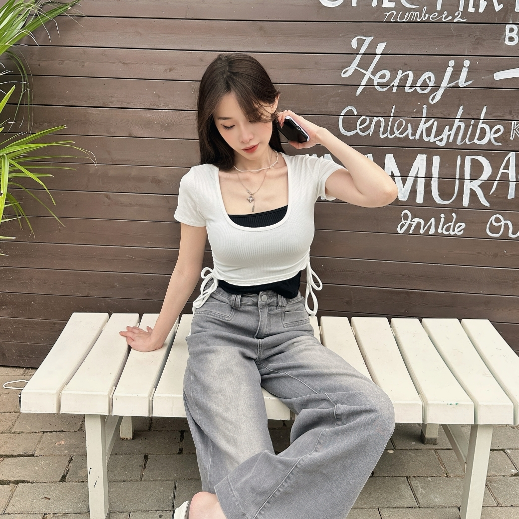 【撞色真兩件】DOMISS自訂！背心+U領短袖上衣 抽繩 短版-3色(現貨)