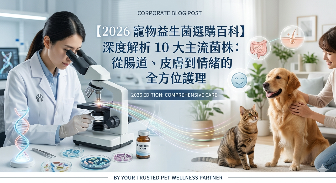 2026 寵物益生菌選購百科首圖：實驗室顯微鏡解析益生菌菌株，對比飼主與金毛獵犬、貓咪的健康溫馨互動，象徵腸道與情緒的全方位護理。