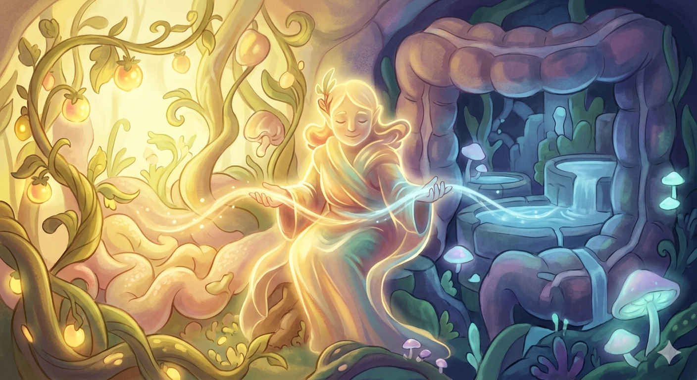 寵物益生菌百科章節插圖：小腸與大腸的平衡守護者。透過金色與藍色的視覺對比展現營養吸收與水分重組的穩定狀態，強調腸道菌群平衡。