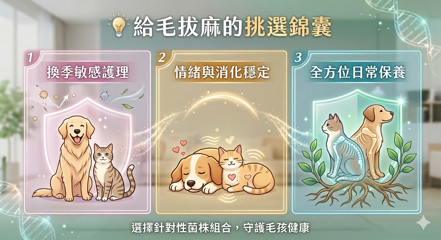 寵物益生菌挑選錦囊插圖：三個區塊分別展示「換季敏感護理」的防護罩意象、「情緒與消化穩定」的溫馨陪伴、以及「全方位日常保養」的強健體質，守護毛孩健康。