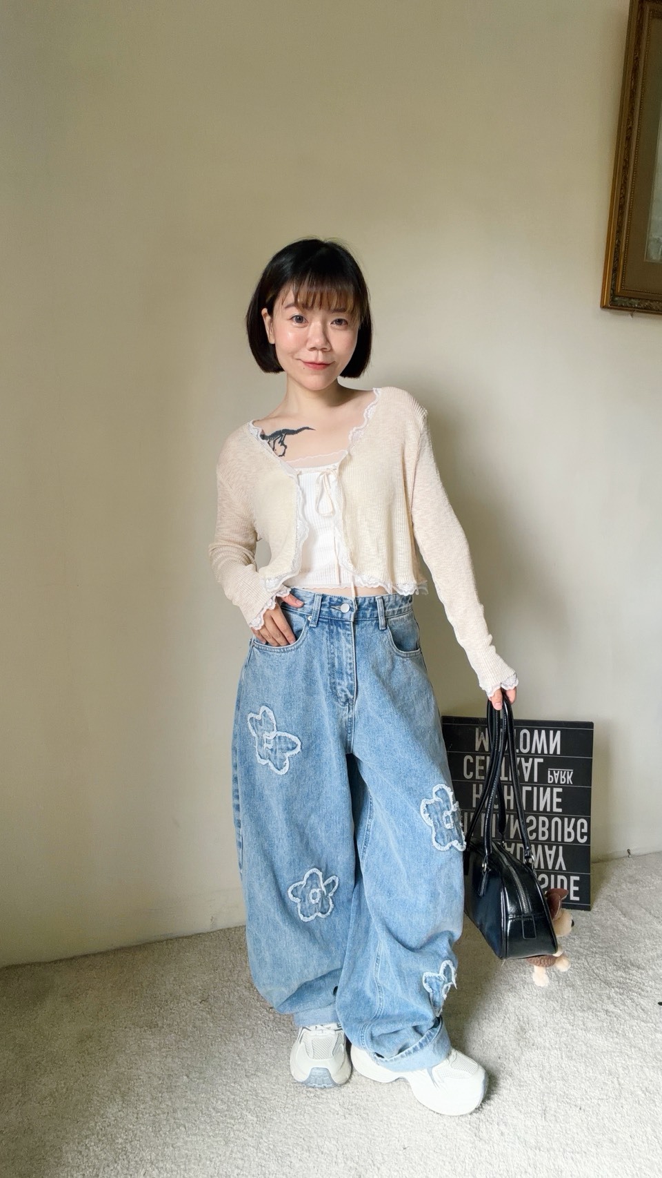 超Q小花牛仔彎刀褲(現貨淺藍