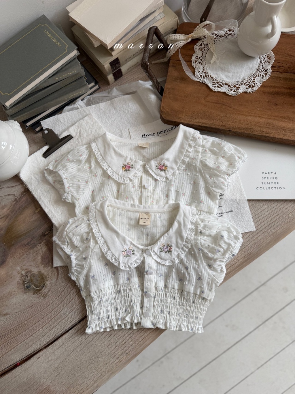 正韓夏Marron 小童兩色刺繡花甜美上衣