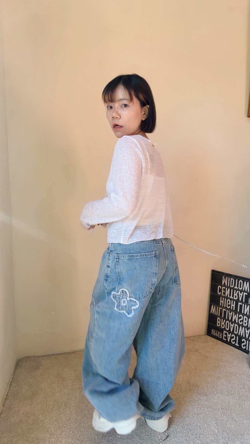 超Q小花牛仔彎刀褲(現貨淺藍