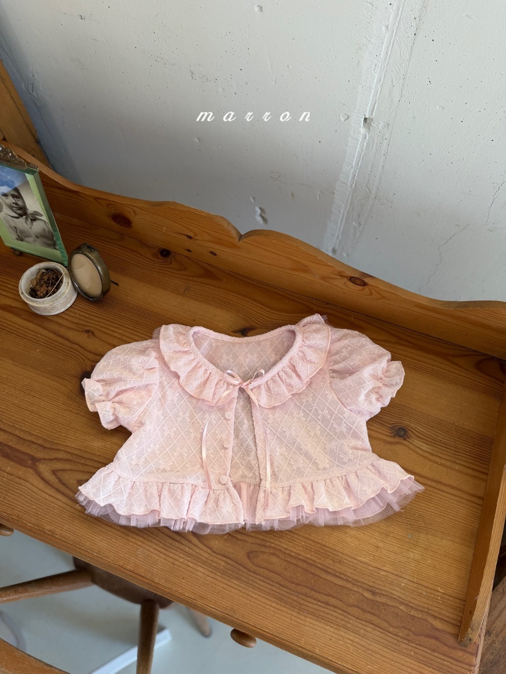 正韓夏Marron 小童兩色溫柔花邊罩衫