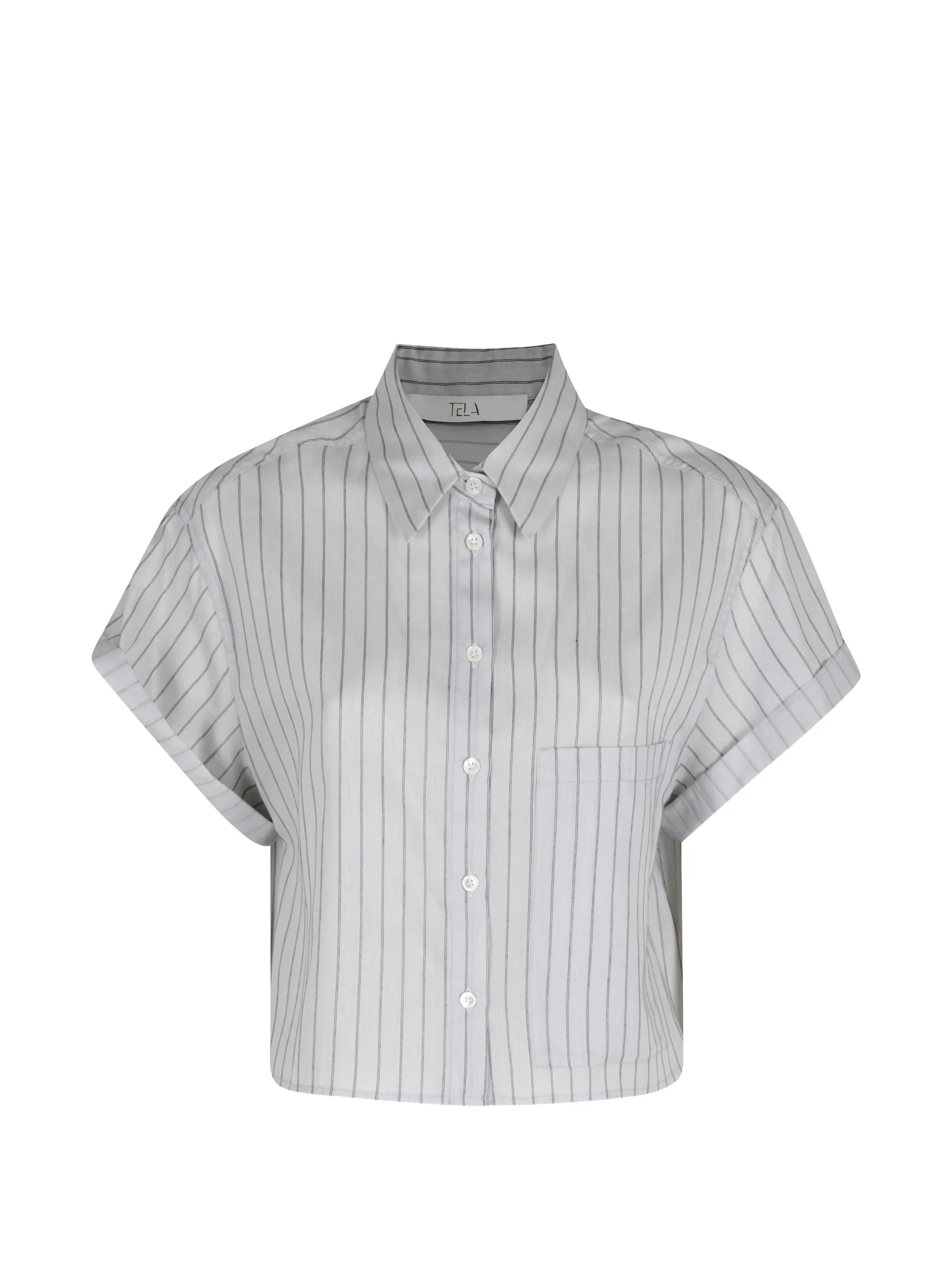 TELA  條紋寬版短襯衫(淺灰)